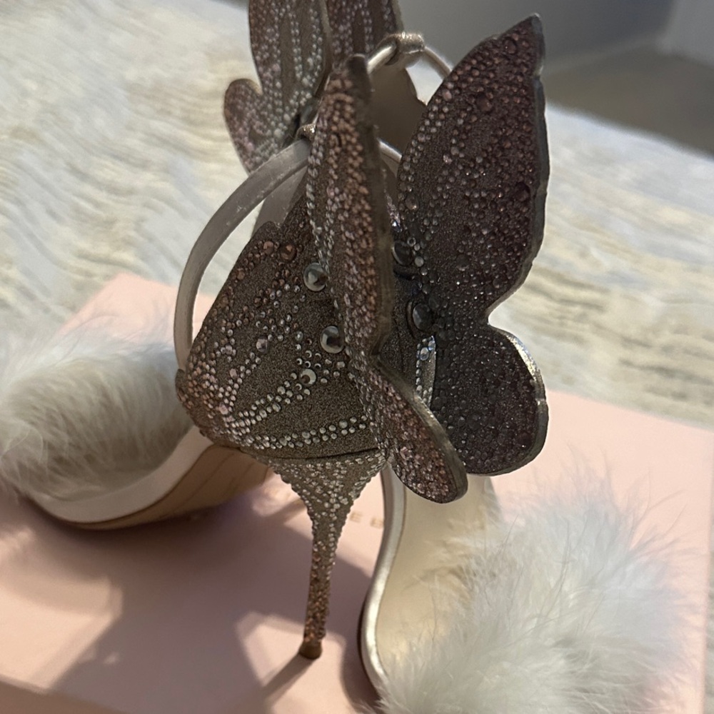 Sophia Webster Blush Pink Crystal Butterfly Heels with White Feather Trim